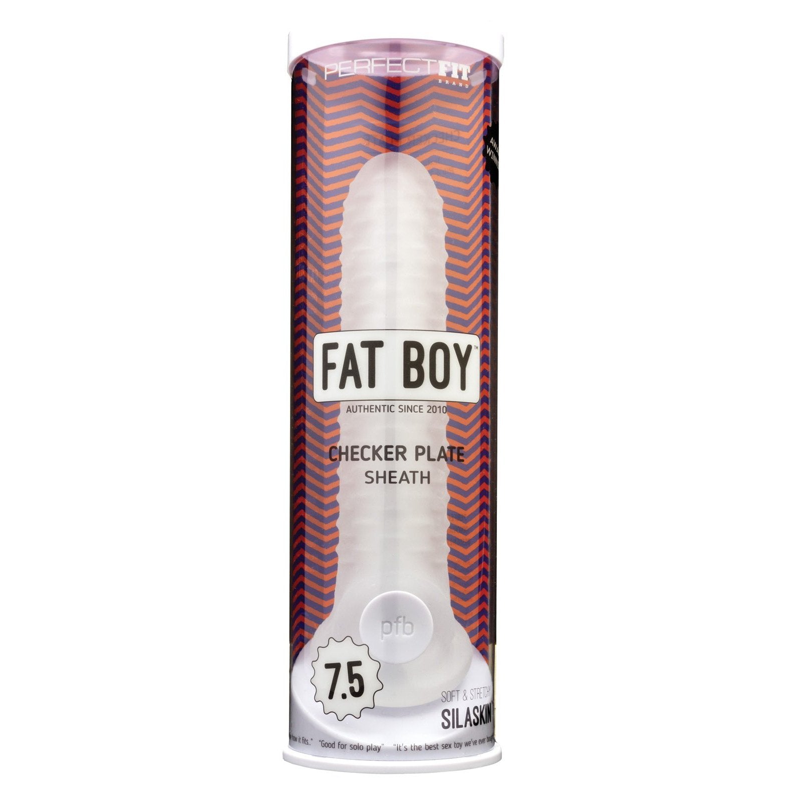 The Perfect Fit Fat Boy Checker Plate Sheath, size 7.5, is packaged in a striking striped design and features Soft & Stretchy SilaSkin for unmatched comfort and fit.