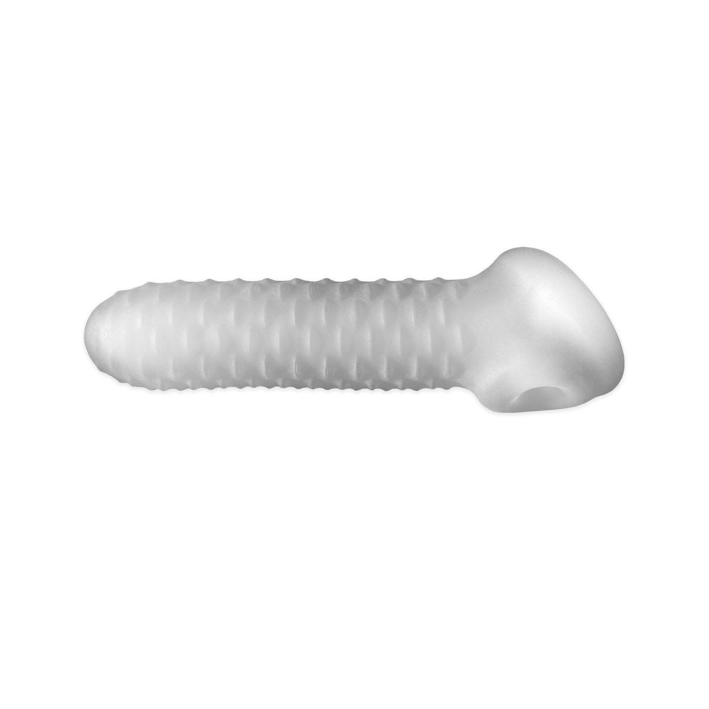 A translucent, frosted glass object with a cylindrical, ribbed design and rounded end, resembling the Perfect Fit Fat Boy Checker Plate Sheath from the Perfect Fit collection.