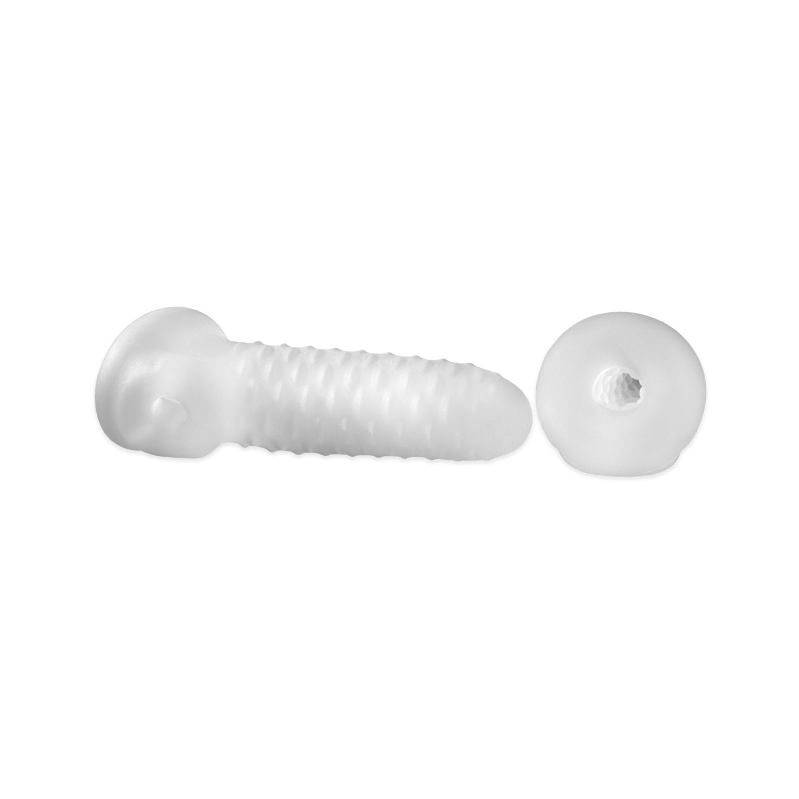 Two translucent screws by Perfect Fit are shown on a plain white background. One lies horizontally, displaying its ridged body, while the other stands vertically to reveal its flat head. Made from clear plastic, they embody elegant design.