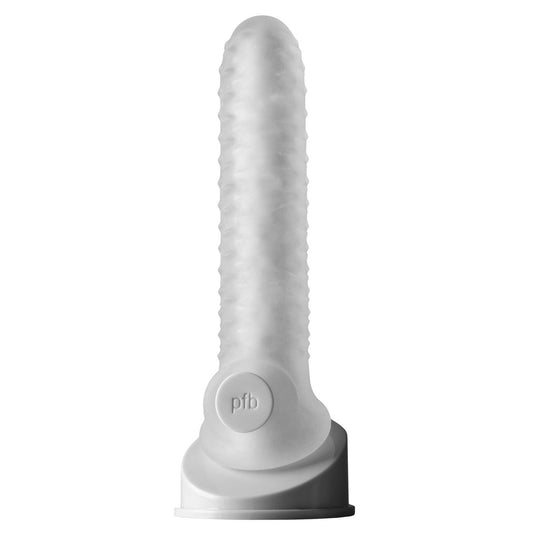 The Perfect Fit Fat Boy Checker Plate Sheath by Perfect Fit is a translucent, textured cylindrical object with a flat base, featuring a beautifully engineered design.