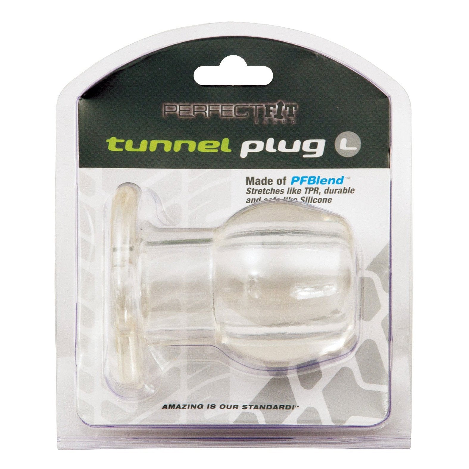 The Perfect Fit Large Tunnel Plug, made from PF Blend silicone, features an innovative tunnel design with a sleek white and green style that highlights its unique capabilities.