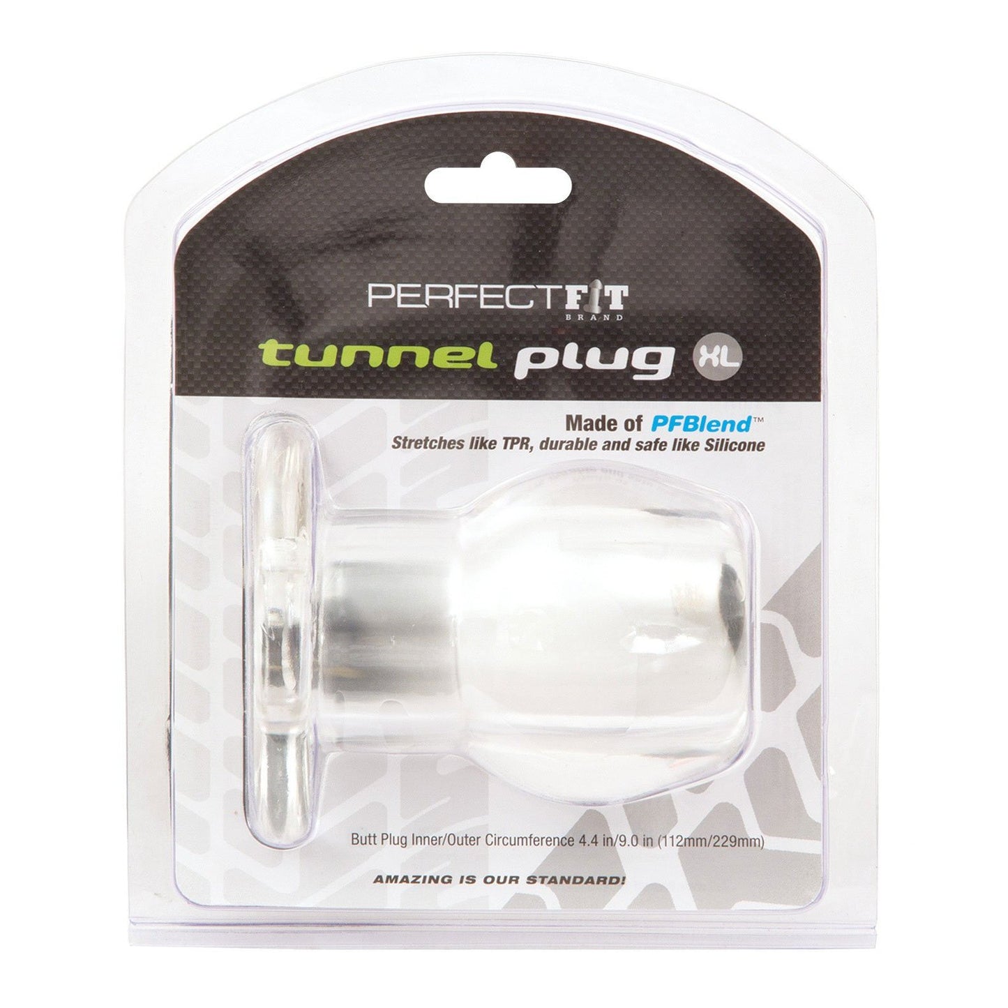 Packaging for the Perfect Fit Large Tunnel Plug highlights its innovative tunnel design that stretches like TPR while maintaining silicones durability. The transparent plug includes a large stopper base and detailed sizing, with PF Blend elements. Tagline: Amazing is Our Standard.