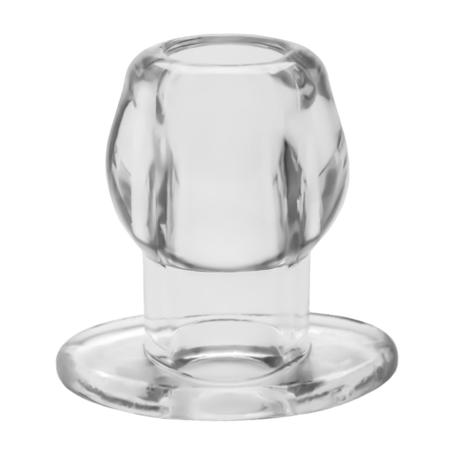The Perfect Fit Large Tunnel Plug by Perfect Fit is a clear, cylindrical glass object with a rounded top and flat base. It resembles a small dome or cap, similar to an innovative tunnel design, with its transparent material reflecting light to highlight the smooth surface and seamless craftsmanship.