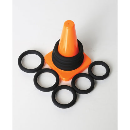 An orange collapsible cone with six Xact-Fit Rings around it on a white background, tailored for the Perfect Fit Play Zone Ring Toss Kit.