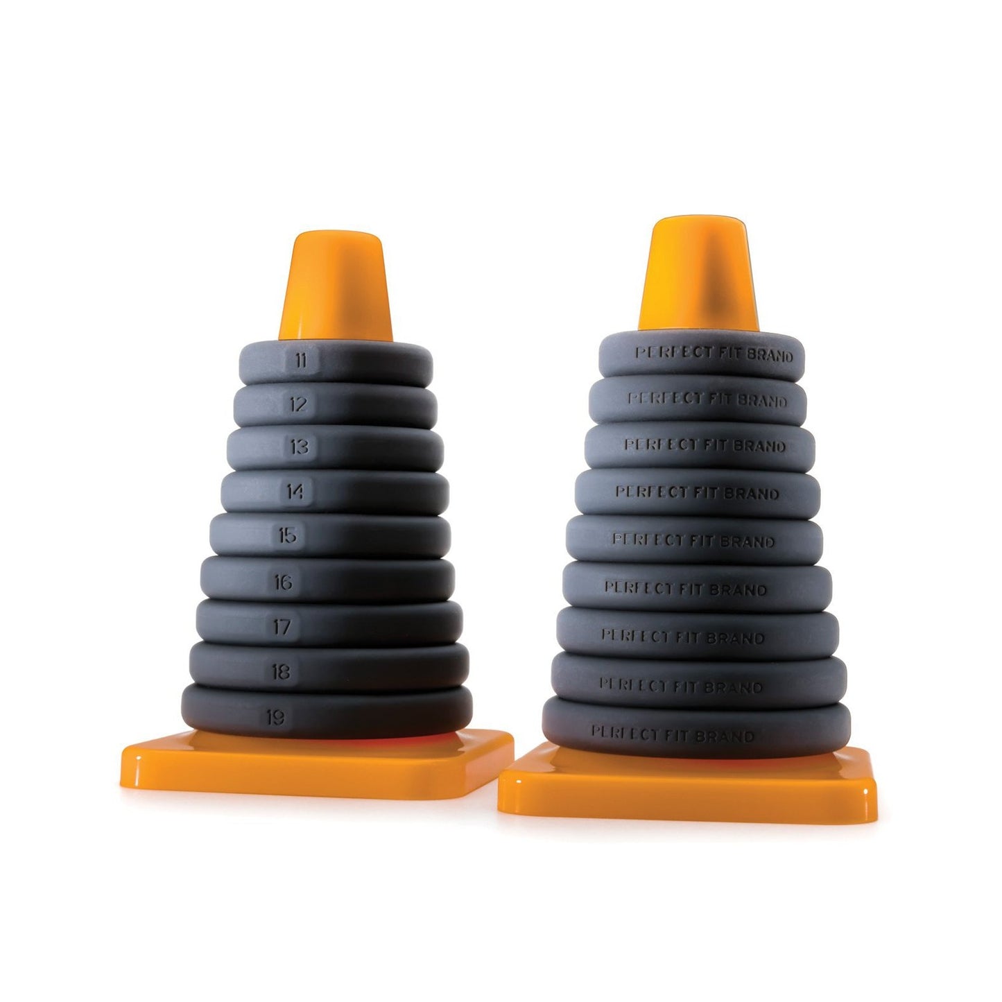 Two stacks of gray, numbered circular objects on orange bases form a cone shape, each stack labeled Perfect Fit, resembling the Perfect Fit Play Zone Ring Toss Kit, with numbers 11-19 on the left and 20-30 on the right.