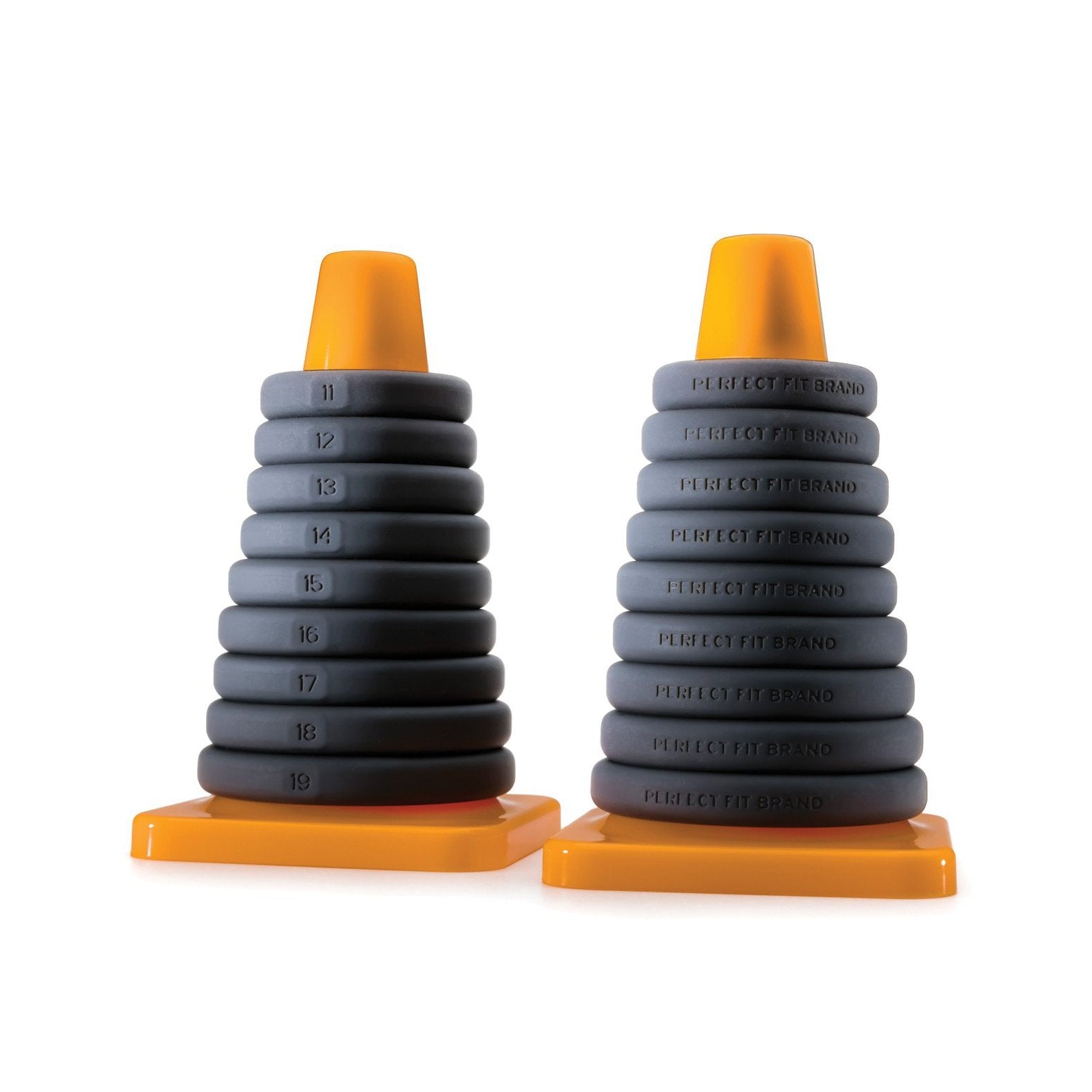 Two stacks of gray, numbered circular objects on orange bases form a cone shape, each stack labeled Perfect Fit, resembling the Perfect Fit Play Zone Ring Toss Kit, with numbers 11-19 on the left and 20-30 on the right.