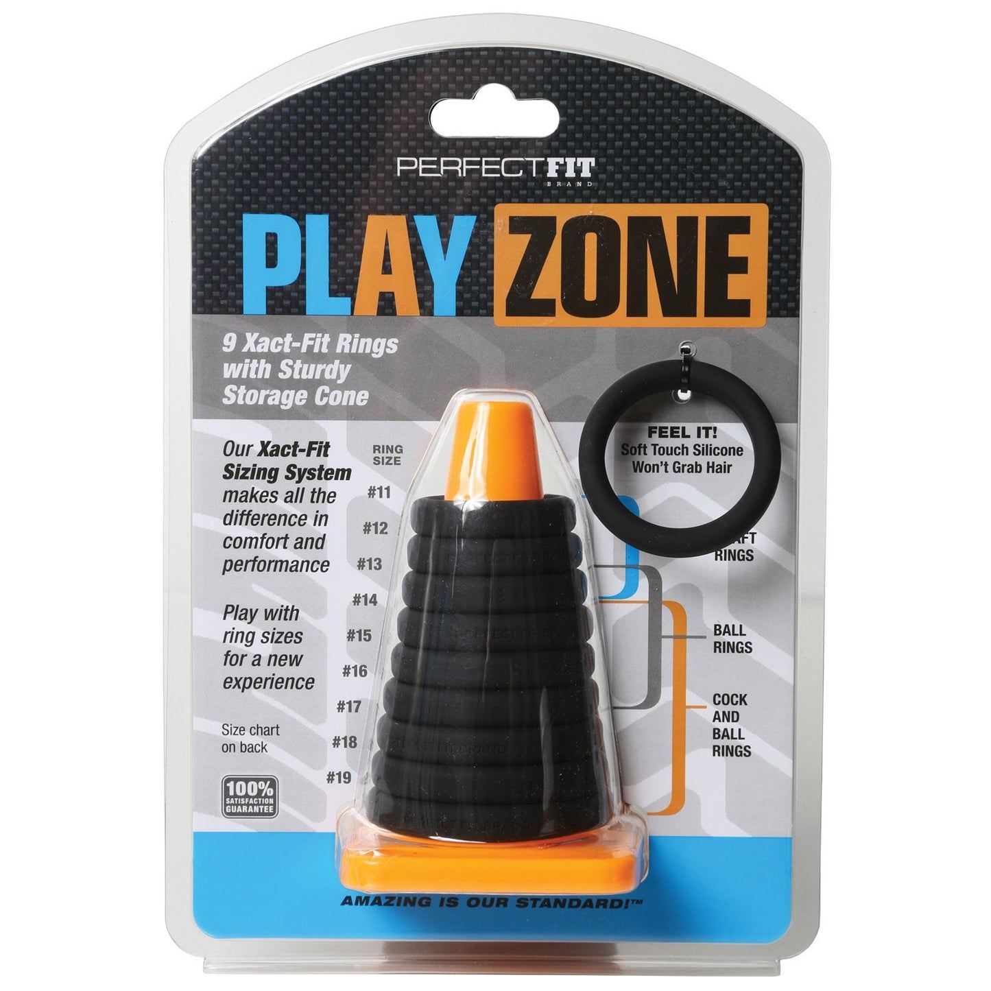 The Perfect Fit Play Zone Ring Toss Kit features nine black Xact-Fit silicone rings stacked on a vibrant orange cone, offering comfort and performance. It includes comprehensive sizing details and a convenient storage cone.