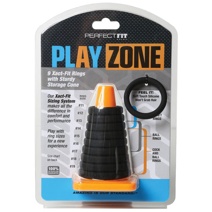The Perfect Fit Play Zone Ring Toss Kit features nine black Xact-Fit silicone rings stacked on a vibrant orange cone, offering comfort and performance. It includes comprehensive sizing details and a convenient storage cone.