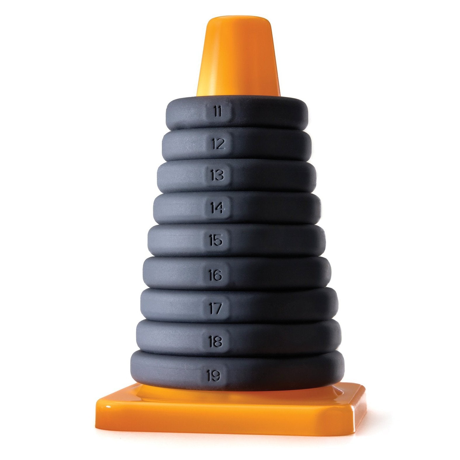The Perfect Fit Play Zone Ring Toss Kit includes a yellow cone base and nine Xact-Fit Rings, numbered 11 to 19 in ascending order, offering both educational and fun play for kids.