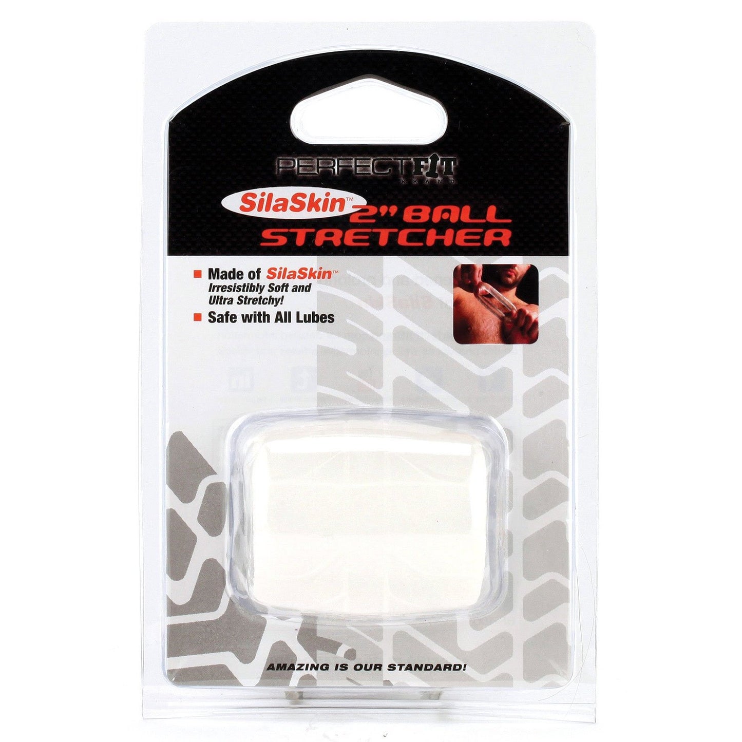 The Perfect Fit SilaSkin Ball Stretchers packaging highlights its features: made from ultra-stretchy SilaSkin, compatible with all lubes. The transparent plastic design elegantly displays the product.