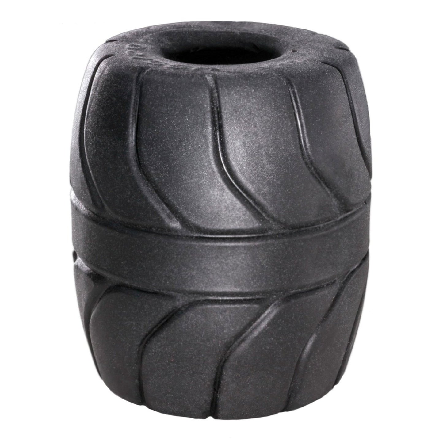 The Perfect Fit SilaSkin Ball Stretcher, by Perfect Fit, is a black foam roller with deep ridges designed for muscle massage and soreness relief. Its cylindrical shape and vertical grooves provide a textured surface ideal for targeted pressure to ease tension and discomfort.
