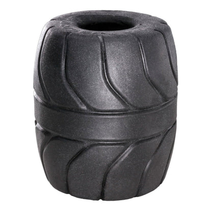 The Perfect Fit SilaSkin Ball Stretcher, by Perfect Fit, is a black foam roller with deep ridges designed for muscle massage and soreness relief. Its cylindrical shape and vertical grooves provide a textured surface ideal for targeted pressure to ease tension and discomfort.