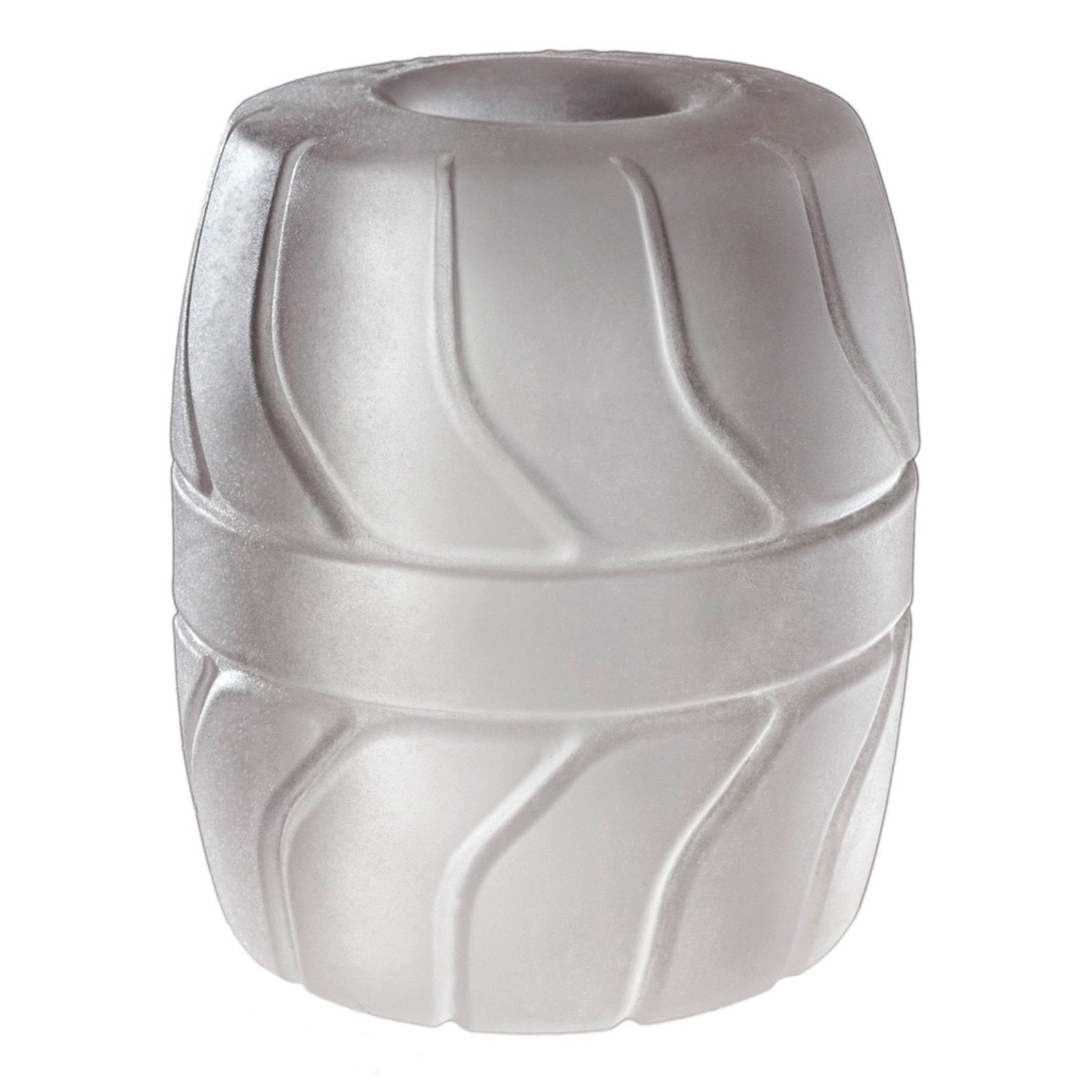 The Perfect Fit SilaSkin Ball Stretcher, designed to mimic a barrels shape with textured patterns, features a smooth and evenly frosted surface. Its hollow cylindrical design enhances any spaces ambiance, making it an elegant decorative addition.