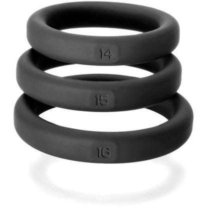 The Perfect Fit Xact Fit 3 Ring Kit features three matte-finish black silicone rings labeled 14, 15, and 16, designed for longer-lasting erections.