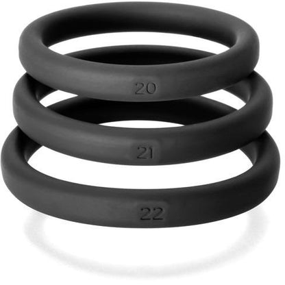 Set of three black silicone rings engraved with numbers 20, 21, and 22 from the Perfect Fit Xact Fit 3 Ring Kit by Perfect Fit, designed for a snug fit.