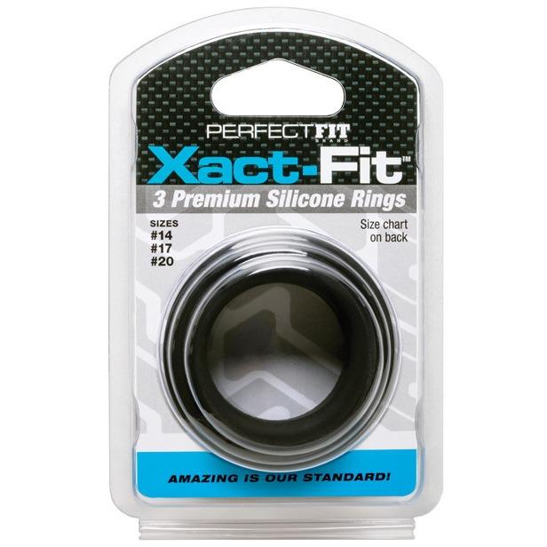 The Perfect Fit Xact Fit 3 Ring Kit packaging displays black rings under a clear plastic cover, labeled as sizes #14, #17, and #20. Amazing is our standard! is the motto alongside expertly designed silicone rings for longer-lasting erections.