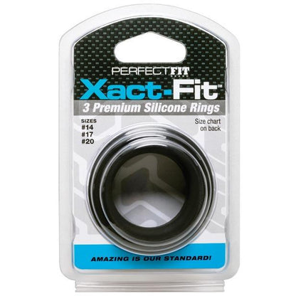 The Perfect Fit Xact Fit 3 Ring Kit packaging displays black rings under a clear plastic cover, labeled as sizes #14, #17, and #20. Amazing is our standard! is the motto alongside expertly designed silicone rings for longer-lasting erections.