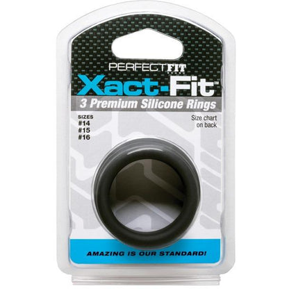 Packaging for Perfect Fit Xact Fit 3 Ring Kit features sleek black silicone rings in sizes #14, #15, and #16. Text highlights Size chart on back and the tagline Amazing is our standard! Enjoy longer-lasting erections with Perfect Fits Xact Cock Rings.