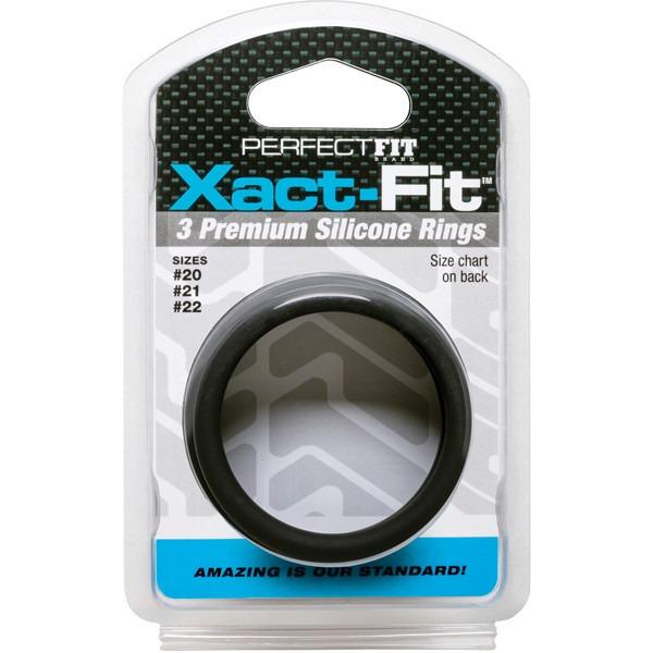 The Perfect Fit Xact Fit 3 Ring Kit by Perfect Fit includes durable premium silicone rings in sizes #20, #21, and #22. Featuring sleek packaging and a geometric design, they are designed to support longer-lasting erections with the slogan Amazing is our standard!.