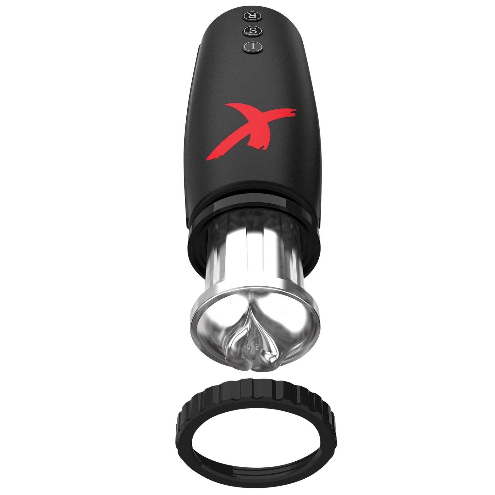 The Pipedream Extreme Elite Moto Bator by Adams Toy Box is a black, hands-free masturbation device with a transparent cylinder and red logo. It features three top buttons, a ribbed interior for enhanced pleasure, and includes a detachable black ring.