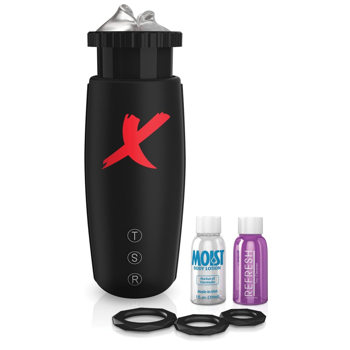 The Pipedream Extreme Elite Moto Bator by Adams Toy Box is a sleek black, cylindrical hands-free toy with a red X. It has buttons labeled T, S, R and a ribbed interior. Included are two bottles marked MOIST and REFRESH and three rubber rings.