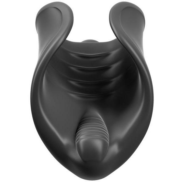 The Pipedream Extreme Elite Vibrating Silicone Stimulator by Pipedream is a sleek, black, curved design with flared edges, a ribbed center section, and a textured interior for smooth, ergonomic, and body-safe use.