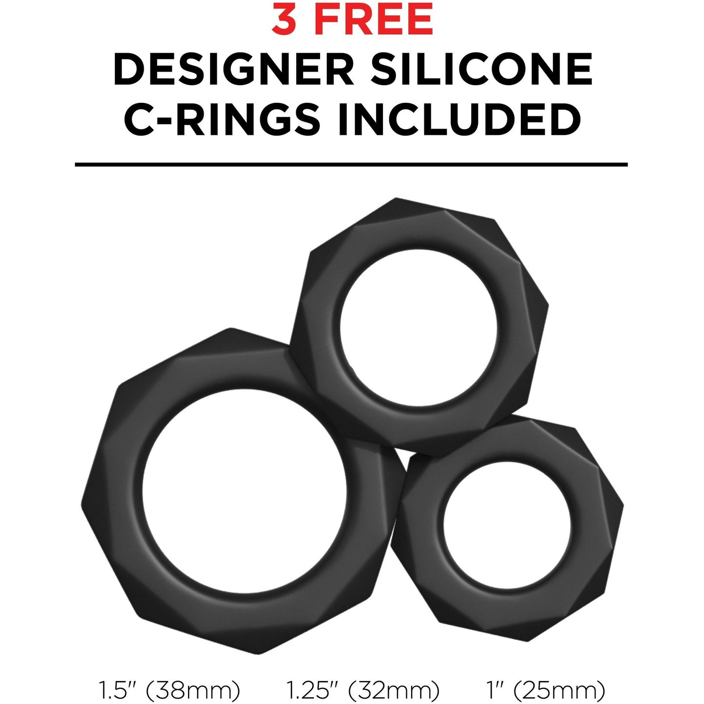 Three black silicone C-rings from Pipedream Extreme Elite Vibrating Silicone Stimulator, by Pipedream, are shown on a white background. Text reads 3 FREE DESIGNER SILICONE C-RINGS INCLUDED, featuring textured interior with sizes: 1.5 (38mm), 1.25 (32mm), and 1 (25mm), made from body-safe materials.