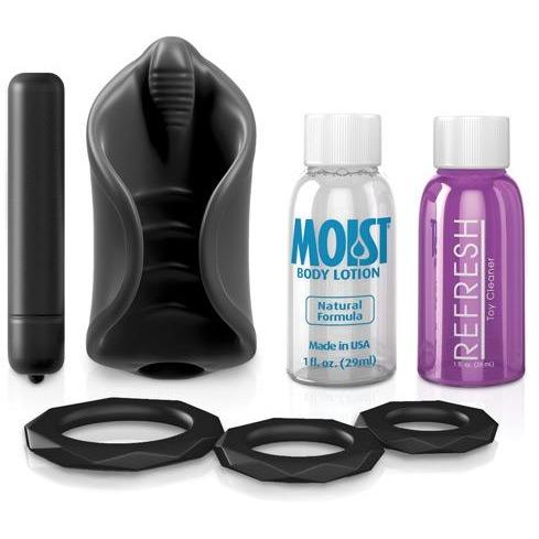A collection of adult items, including the Pipedream Extreme Elite Vibrating Silicone Stimulator, two bottles labeled Moist Body Lotion and Refresh Toy Cleaner, and three textured interior ring accessories, all artfully arranged on a pristine white background.