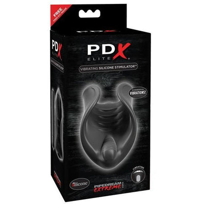 The Pipedream Extreme Elite Vibrating Silicone Stimulator comes in a sleek black box with red and white text and an image of the device. Highlights include powerful vibrations, a textured interior, and a free bonus, all made from body-safe materials.