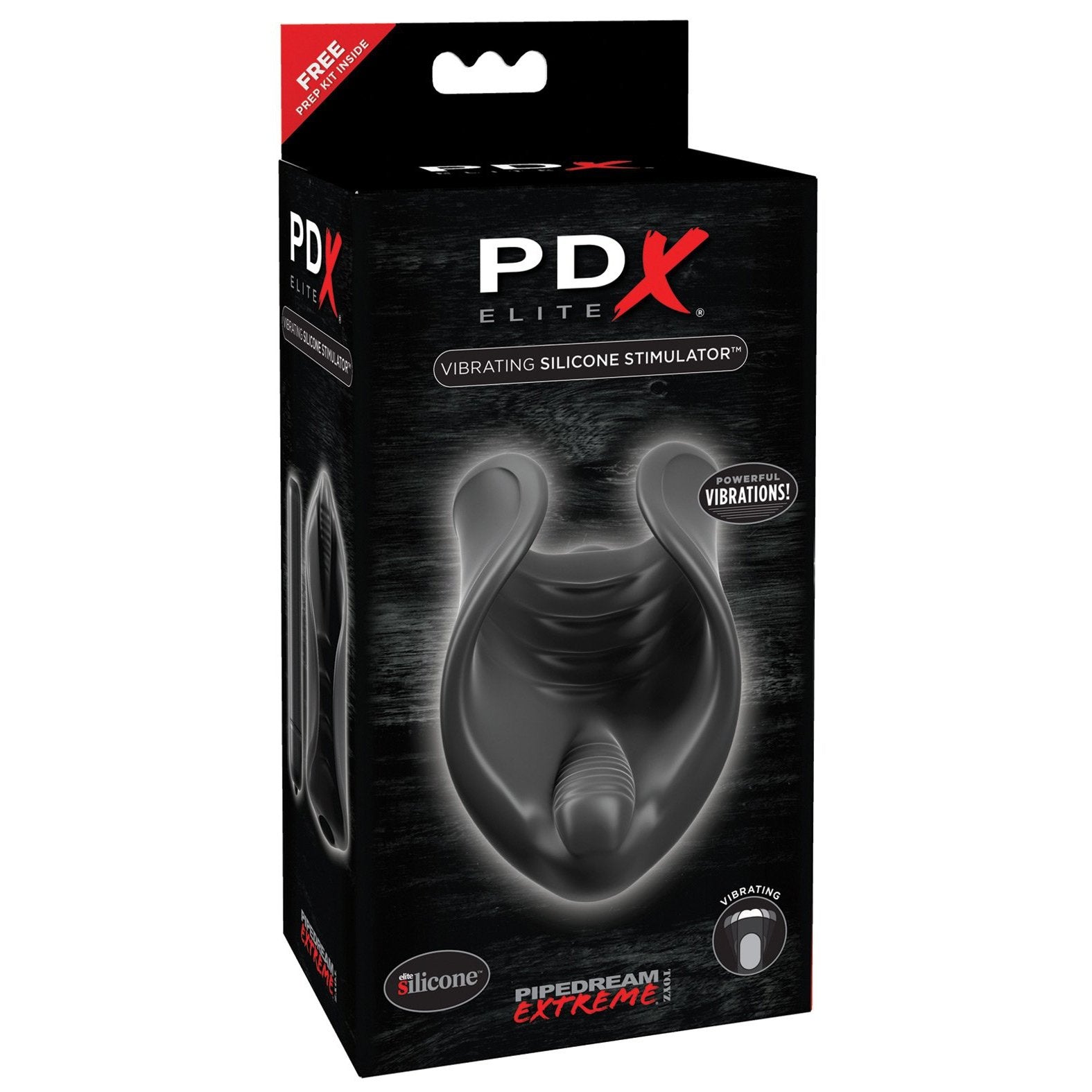 A black box featuring the Pipedream Extreme Elite Vibrating Silicone Stimulator displays a black silicone device image. It highlights Powerful Vibrations and Textured Interior, ensuring a body-safe experience, with the brand name Pipedream at the bottom.