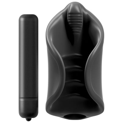 The Pipedream Extreme Elite Vibrating Silicone Stimulator, a black silicone sleeve and cylindrical vibrator, is showcased side by side on a white background. Made of body-safe materials with a textured interior, it promises safety and heightened sensation in personal care.