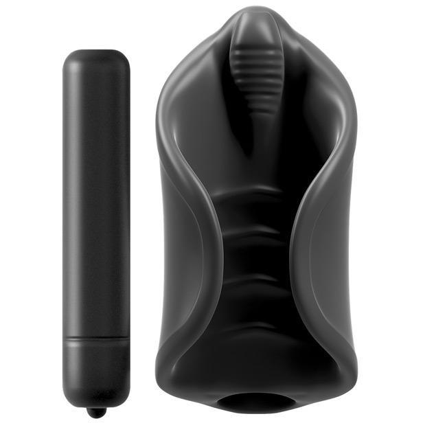 The Pipedream Extreme Elite black vibrating silicone stimulator and a textured open-ended stroker sleeve, both crafted from body-safe materials, are showcased against a clean white background to highlight their sleek and inviting designs.