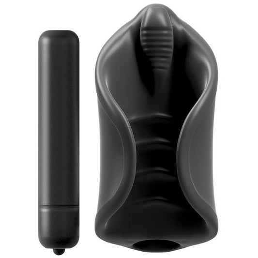The Pipedream Extreme Elite black vibrating silicone stimulator and a textured open-ended stroker sleeve, both crafted from body-safe materials, are showcased against a clean white background to highlight their sleek and inviting designs.