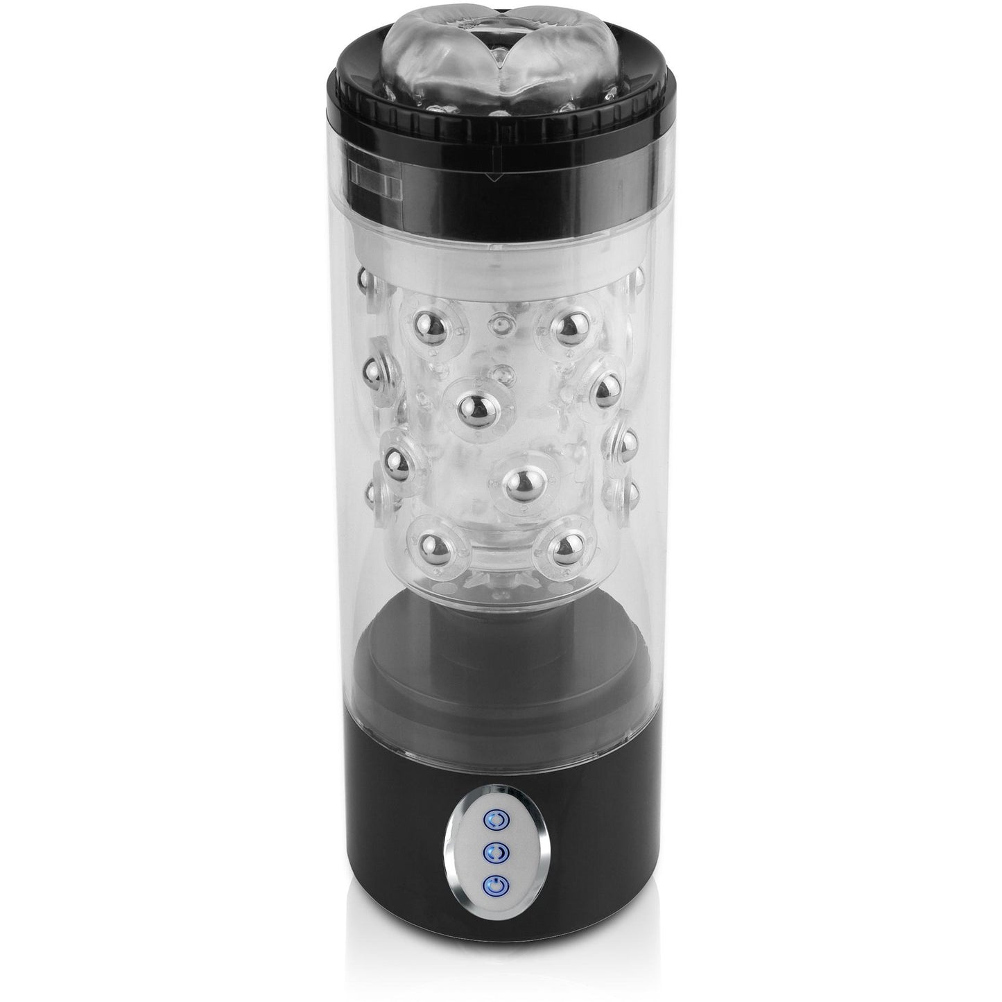 The Pipedream Extreme Roto-Bator is a clear cylindrical device with a black base and top, featuring metallic pleasure beads inside. It has three illuminated blue buttons on the base for ease of use.