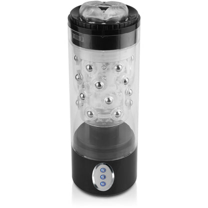 The Pipedream Extreme Roto-Bator is a clear cylindrical device with a black base and top, featuring metallic pleasure beads inside. It has three illuminated blue buttons on the base for ease of use.