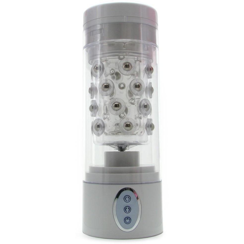 The Pipedream Extreme Roto-Bator by Pipedream is a transparent cylinder with circular pleasure beads inside, set on a gray base. It has three front buttons for automatic operation, offering an unparalleled experience.