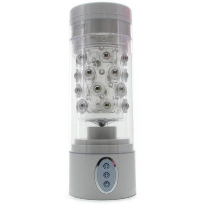 The Pipedream Extreme Roto-Bator by Pipedream is a transparent cylinder with circular pleasure beads inside, set on a gray base. It has three front buttons for automatic operation, offering an unparalleled experience.