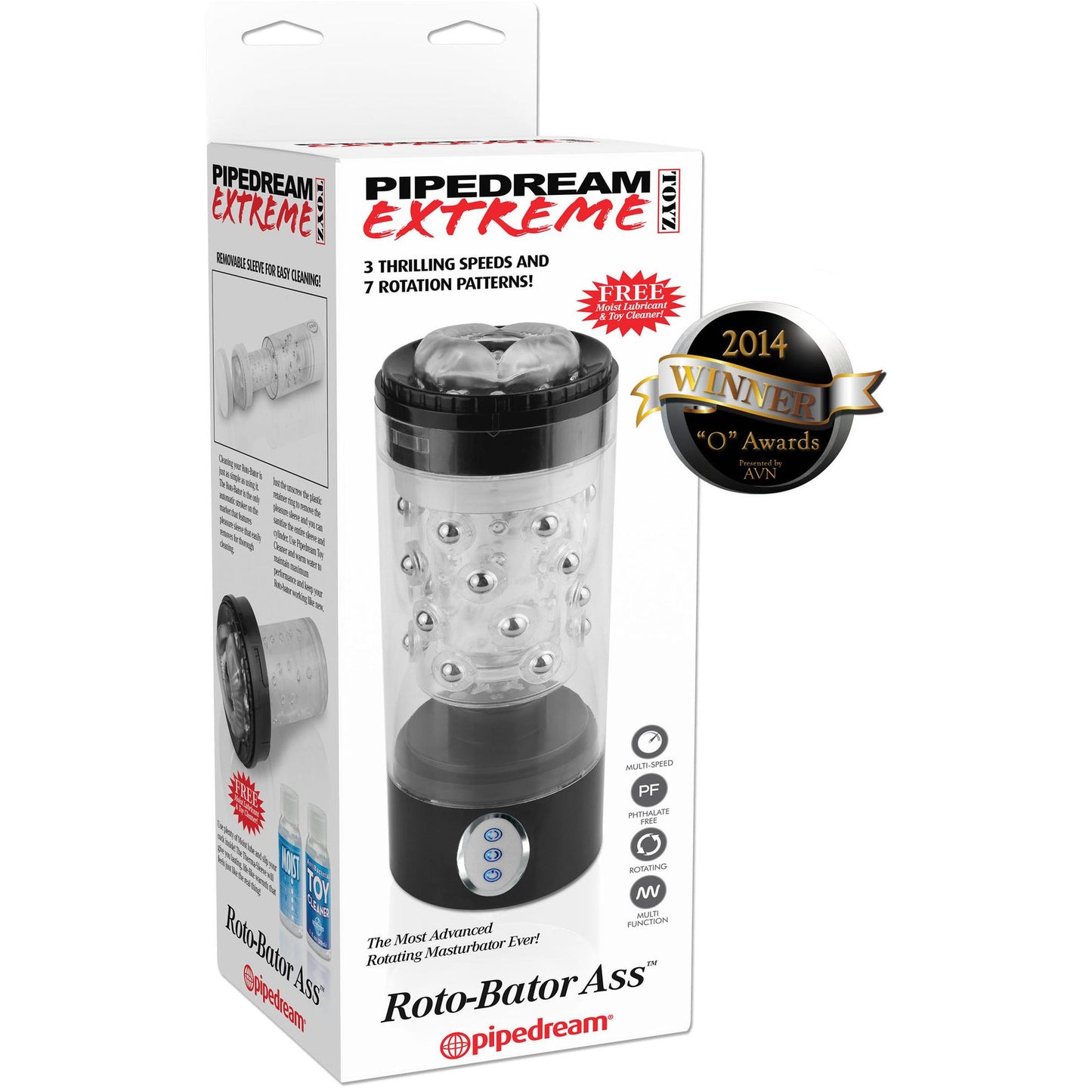 The Pipedream Extreme Roto-Bator Ass, an automatic masturbator with pleasure beads, offers three speeds and seven rotation patterns. The packaging showcases a 2014 O Awards winner badge and features an image of the product.