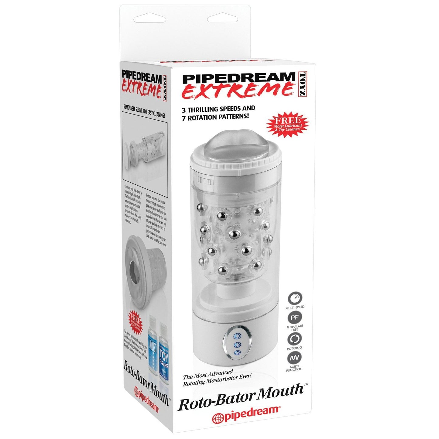 The image shows the Pipedream Extreme Roto-Bator packaging by Pipedream, highlighting this automatic masturbators features: 3 thrilling speeds, 7 rotation patterns, and intricate pleasure beads.