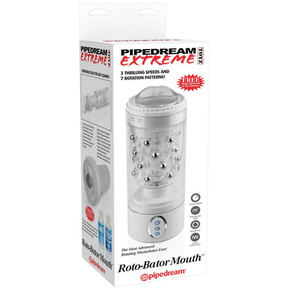 The image shows the Pipedream Extreme Roto-Bator packaging by Pipedream, highlighting this automatic masturbators features: 3 thrilling speeds, 7 rotation patterns, and intricate pleasure beads.