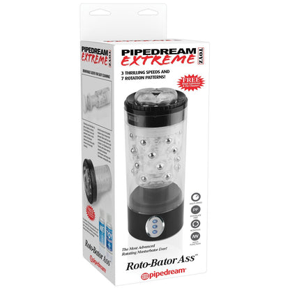 The Pipedream Extreme Roto-Bator packaging showcases an image of the product with key features like 3 thrilling speeds and 7 rotation patterns, highlighted as The Most Advanced Automatic Masturbator for unmatched experiences with pleasure beads.