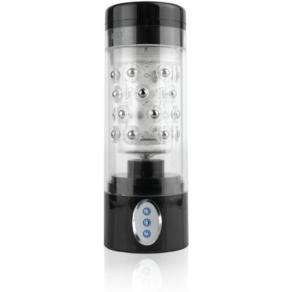 A cylindrical electronic device with a black base and top, transparent sides, metallic elements inside, and three blue-lit buttons resembles the Pipedream Extreme Roto-Bator by Pipedream. Its designed for mixing or stirring.