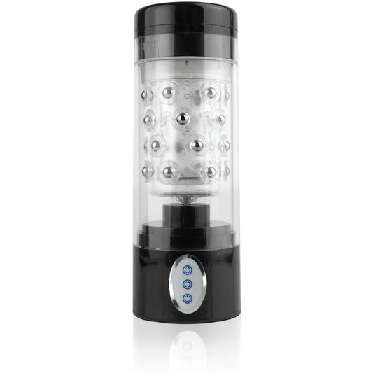 A cylindrical electronic device with a black base and top, transparent sides, metallic elements inside, and three blue-lit buttons resembles the Pipedream Extreme Roto-Bator by Pipedream. Its designed for mixing or stirring.