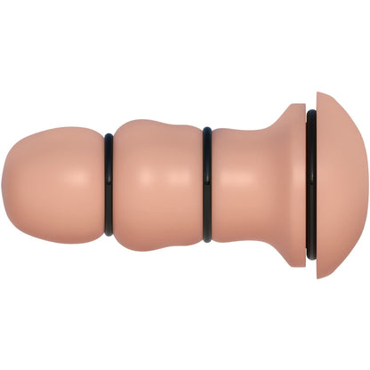 Against a white background, the Pipedream Extreme Toyz Fill My Tight Ass Masturbator by Pipedream is shown in a segmented, cucumber-like shape with black bands dividing the sections and a matte finish.
