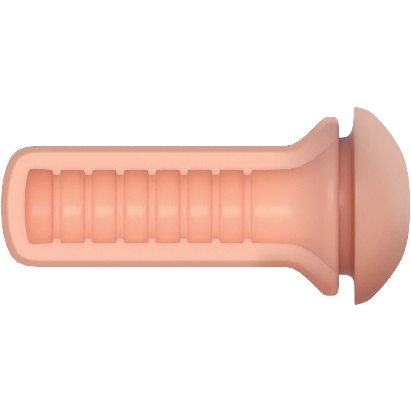 The Pipedream Extreme Toyz Fill My Tight Ass Masturbator by Pipedream is a beige, textured, cylindrical object with a rounded top and grooved interior, made from soft Fanta Flesh for a realistic feel and comfort.