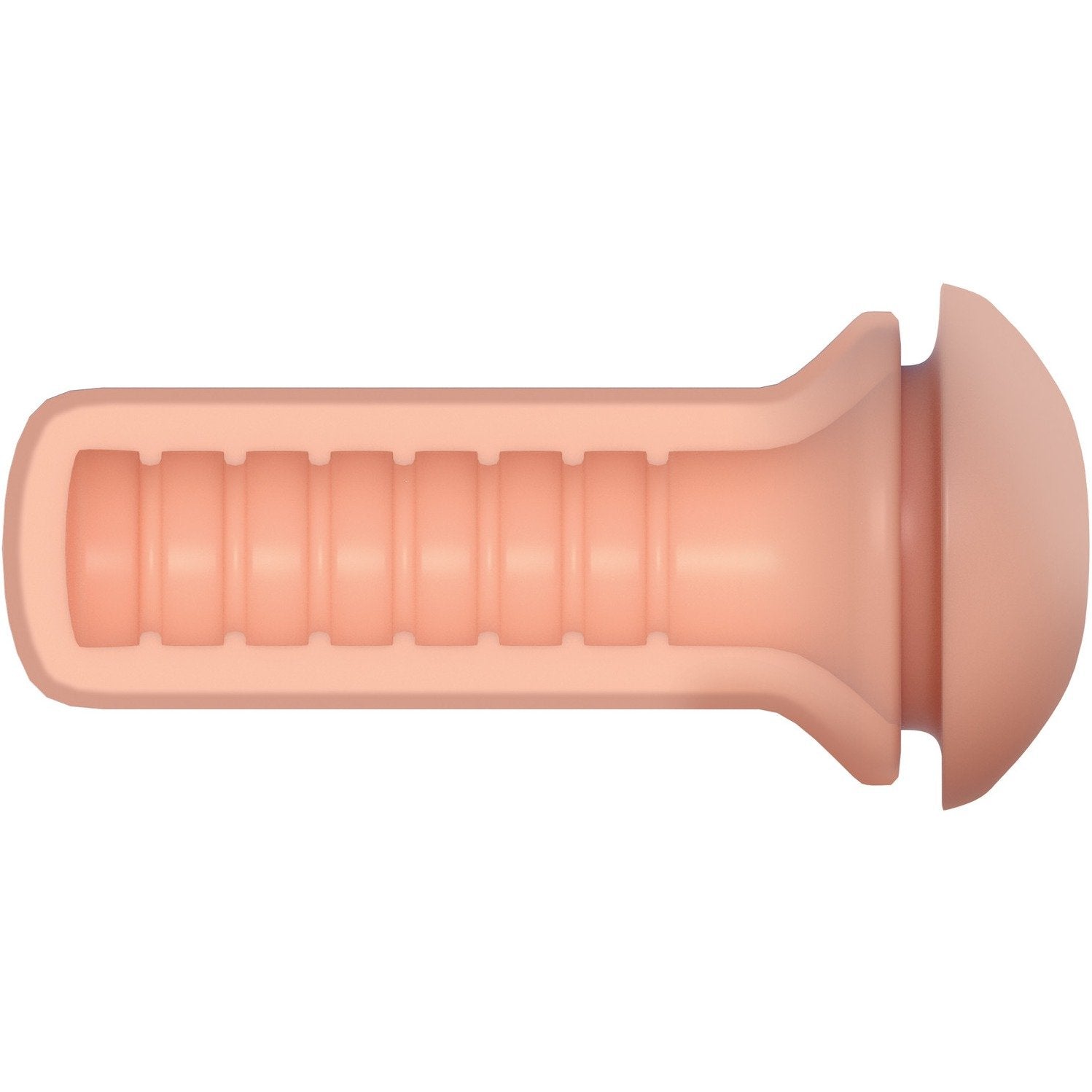 The Pipedream Extreme Toyz Fill My Tight Ass Masturbator by Pipedream is a beige, textured, cylindrical object with a rounded top and grooved interior, made from soft Fanta Flesh for a realistic feel and comfort.