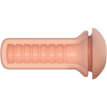 The Pipedream Extreme Toyz Fill My Tight Ass Masturbator by Pipedream is a beige, textured, cylindrical object with a rounded top and grooved interior, made from soft Fanta Flesh for a realistic feel and comfort.