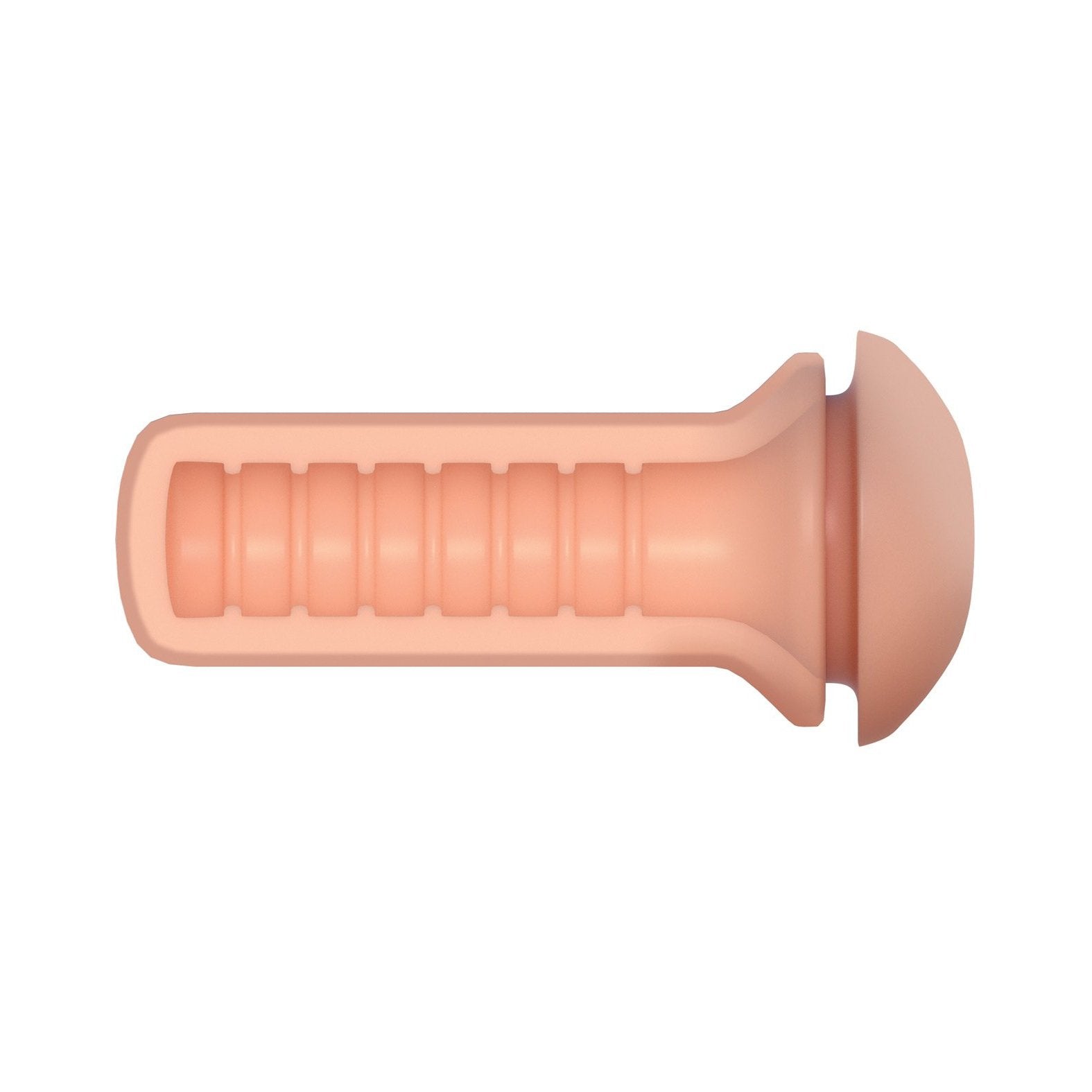 The Pipedream Extreme Toyz Fill My Tight Ass Masturbator by Pipedream is a light pink cylindrical device made from Fanta Flesh, featuring textured grips and ridges for easy handling. Its ergonomic design with a rounded end ensures relaxation and comfort.