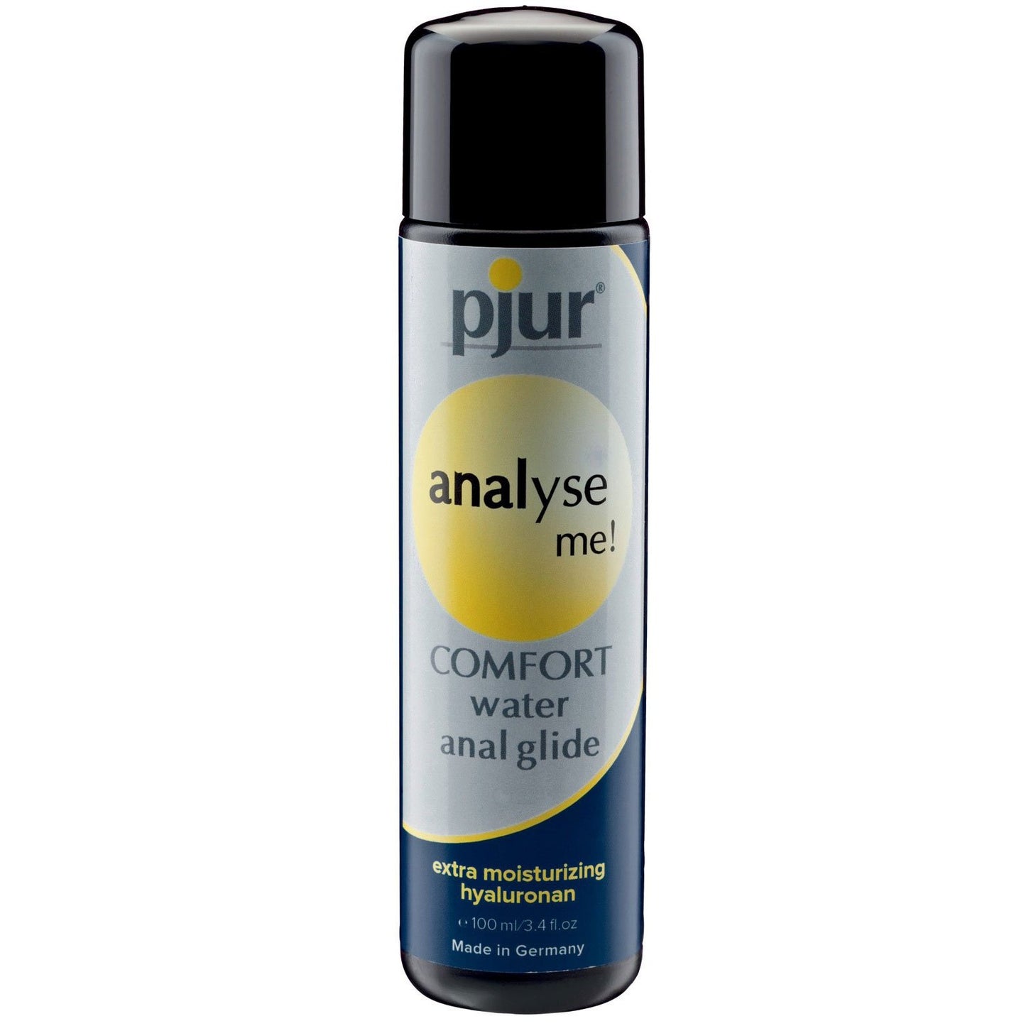 The 100ml Pjur Analyse Me Water Based Personal Lubricant features a vibrant blue and yellow design, offering extra moisturizing with hyaluronan. Made in Germany, this premium lubricant ensures comfort.