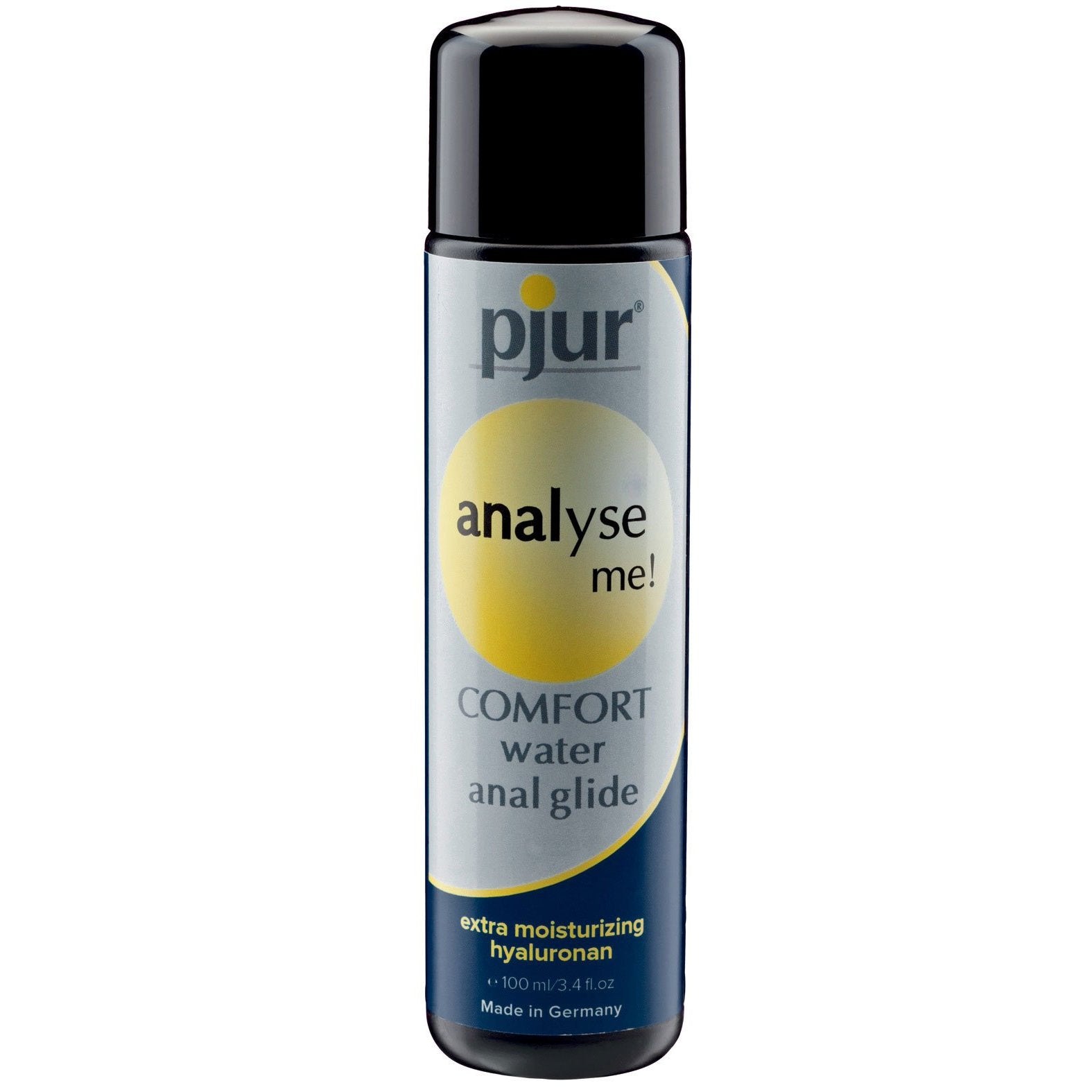 The 100ml Pjur Analyse Me Water Based Personal Lubricant features a vibrant blue and yellow design, offering extra moisturizing with hyaluronan. Made in Germany, this premium lubricant ensures comfort.